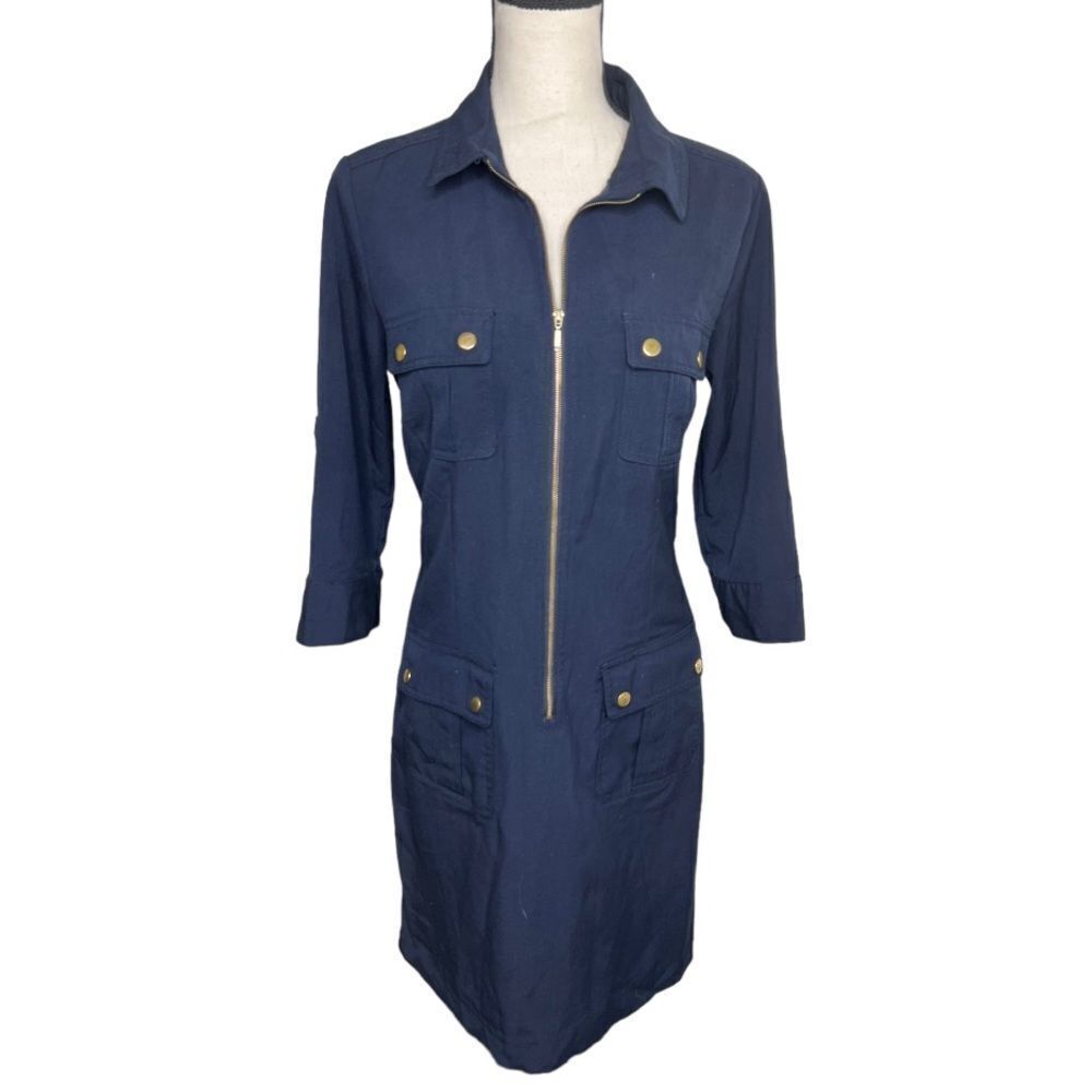 SHARAGANO Blue Long Sleeve Shirt Dress. Size 10P Petite